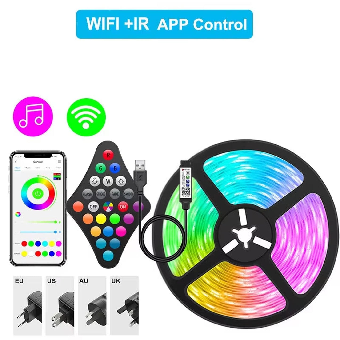 Bluetooth Wifi APP Controller LED Strip Lights RGB 5050 SMD Flexible Ribbon USB LED Light with Power Adapt Tape Diode - Motionshop