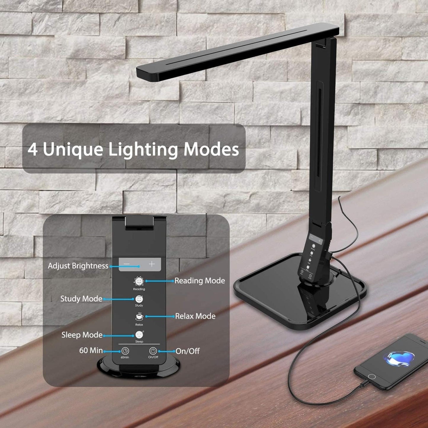 LED Desk Office Lamp, Exclusive: 27 Eye-Caring Recessed Leds, 5-Level Brightness, 4-Lighting Modes, USB Charging Port, 14W, Touch Control Panel, Dimmer, 1-Hour Auto Timer, 5V/1A, (Black) - Motionshop