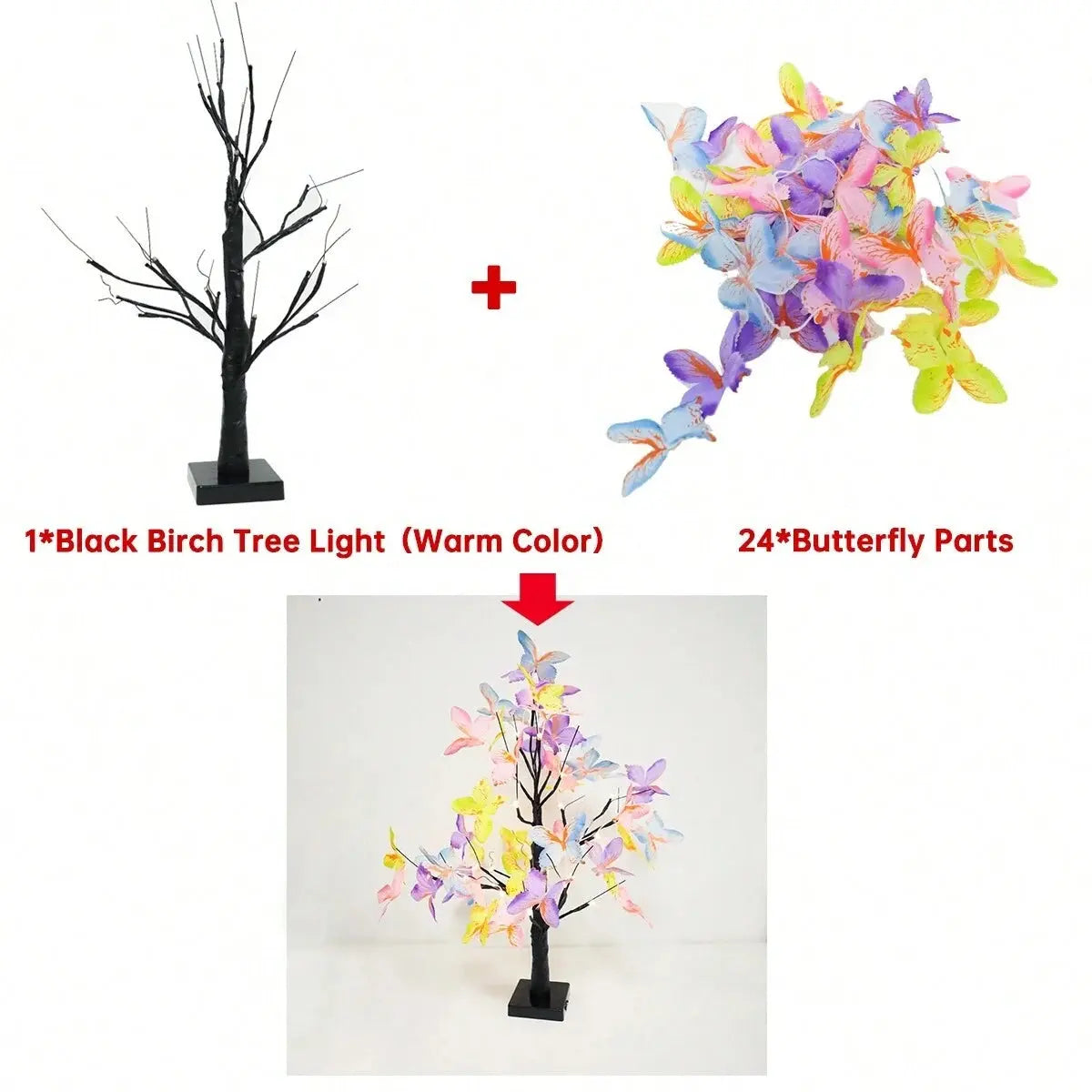1Pc 23.62inch Colorful Butterfly Artificial Birch Tree Lights