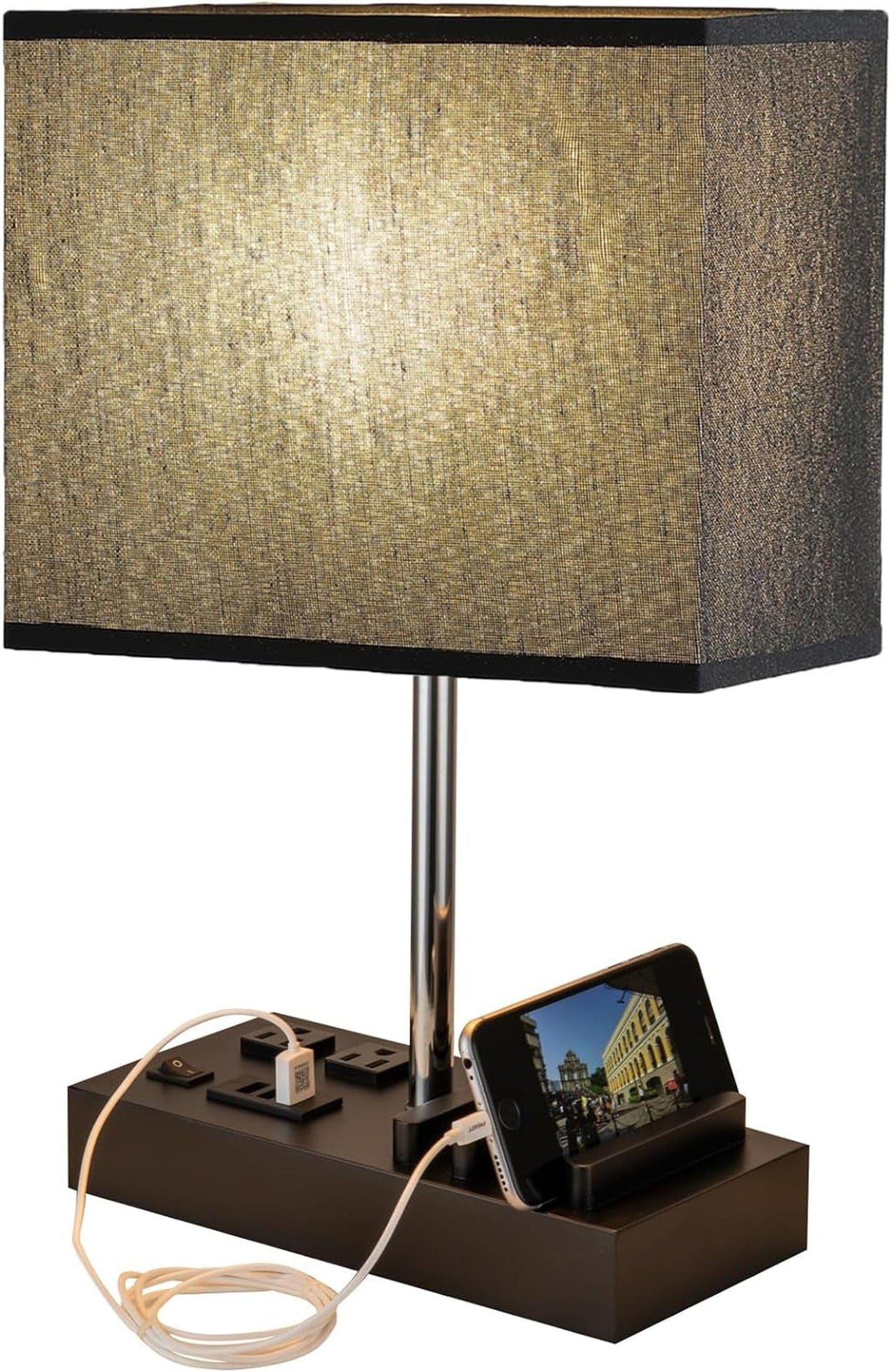 USB Table Lamp, Multi-Functional Bedside Desk Lamp with 2 AC Outlets, 3 USB Charging Ports and Wooden Phone Stand Organizer, Ideal Nightstand Lamp for Bedroom, Black Shade - Motionshop