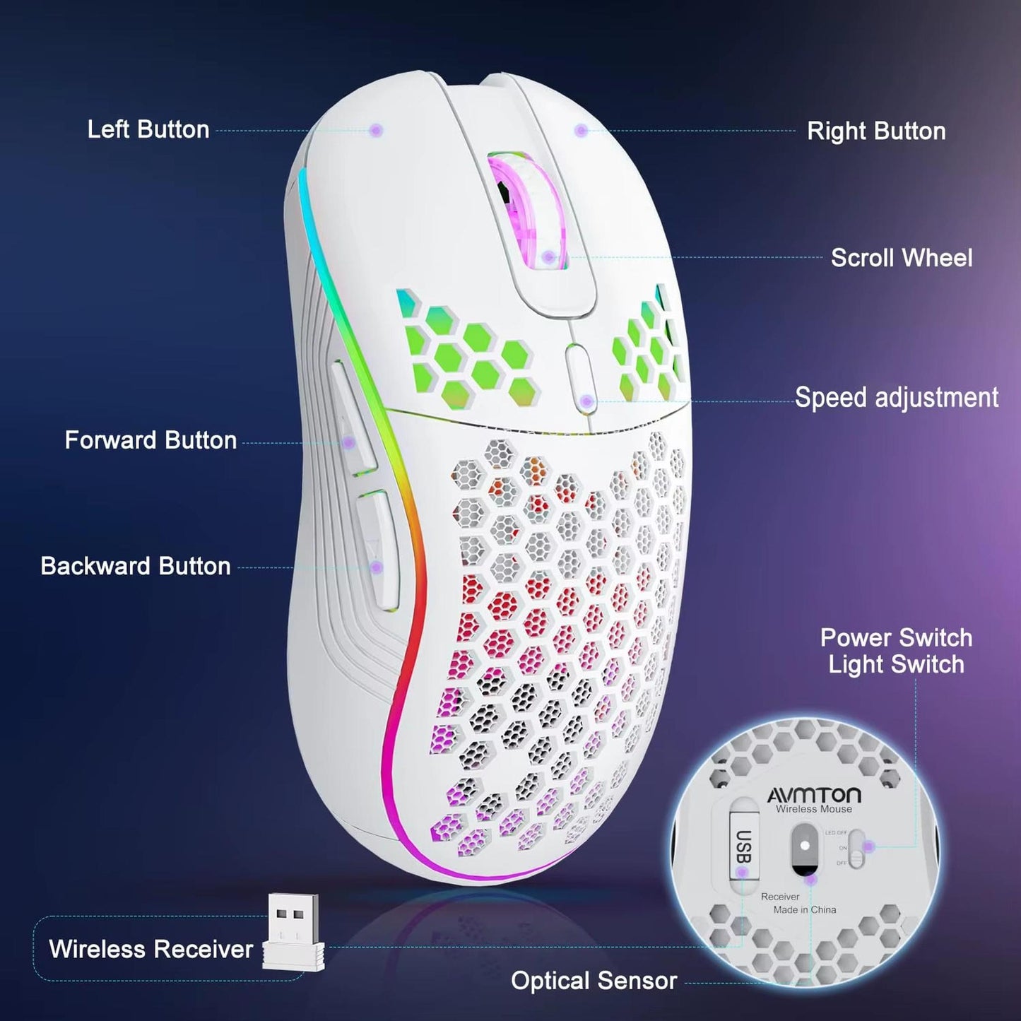 2.4G Wireless Mouse with RGB Backlit 6-Button 3-Speed DPI Type C Rechargeable Ergonomic Honeycomb Design Gaming Mouse - Motionshop