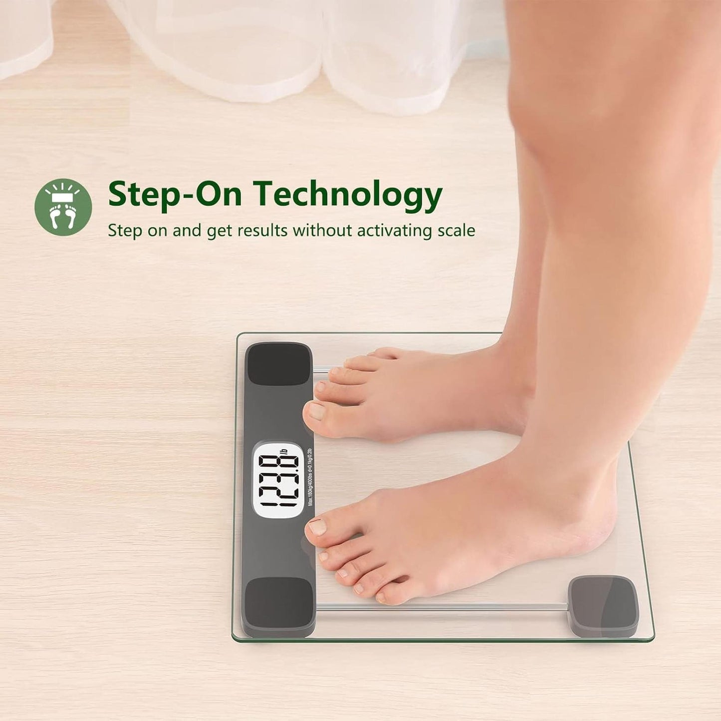 Scale for Body Weight Digital Bathroom Scale Accurate Weighing Machine for People, High Precision Bath Scale, Step On, Tempered Glass LCD Display Batteries and Tape Measure Included, 400Lbs - Motionshop