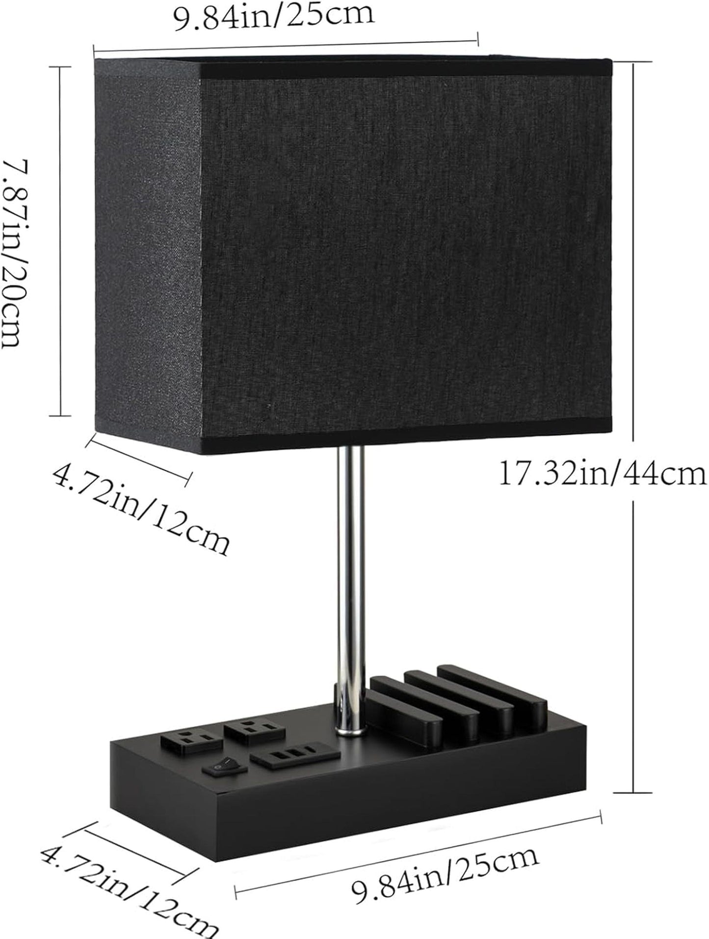USB Table Lamp, Multi-Functional Bedside Desk Lamp with 2 AC Outlets, 3 USB Charging Ports and Wooden Phone Stand Organizer, Ideal Nightstand Lamp for Bedroom, Black Shade - Motionshop