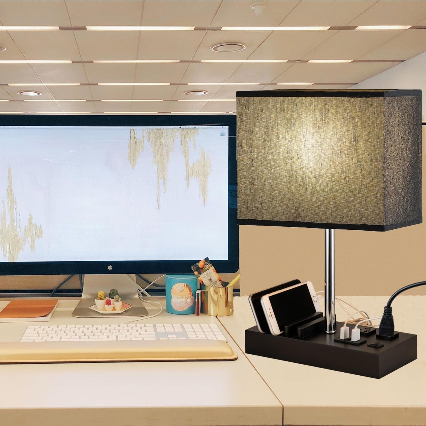 USB Table Lamp, Multi-Functional Bedside Desk Lamp with 2 AC Outlets, 3 USB Charging Ports and Wooden Phone Stand Organizer, Ideal Nightstand Lamp for Bedroom, Black Shade - Motionshop