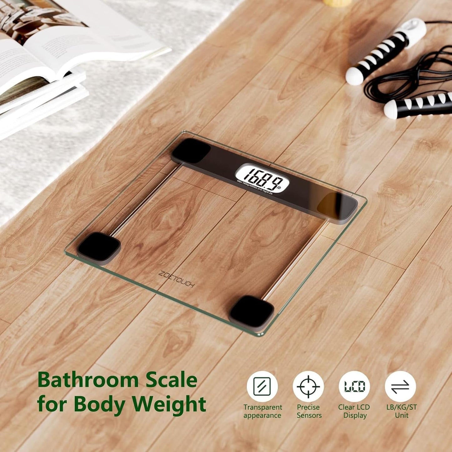 Scale for Body Weight Digital Bathroom Scale Accurate Weighing Machine for People, High Precision Bath Scale, Step On, Tempered Glass LCD Display Batteries and Tape Measure Included, 400Lbs - Motionshop