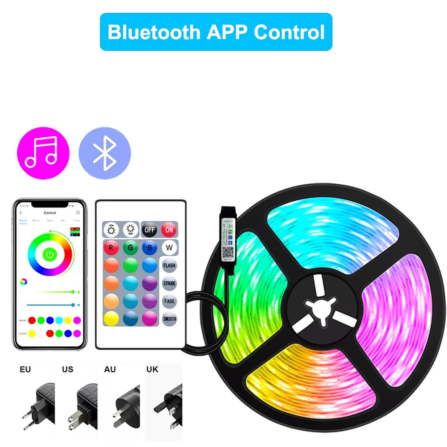 Bluetooth Wifi APP Controller LED Strip Lights RGB 5050 SMD Flexible Ribbon USB LED Light with Power Adapt Tape Diode - Motionshop
