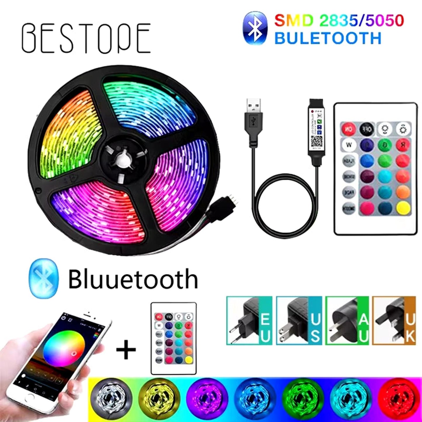 Bluetooth Wifi APP Controller LED Strip Lights RGB 5050 SMD Flexible Ribbon USB LED Light with Power Adapt Tape Diode - Motionshop