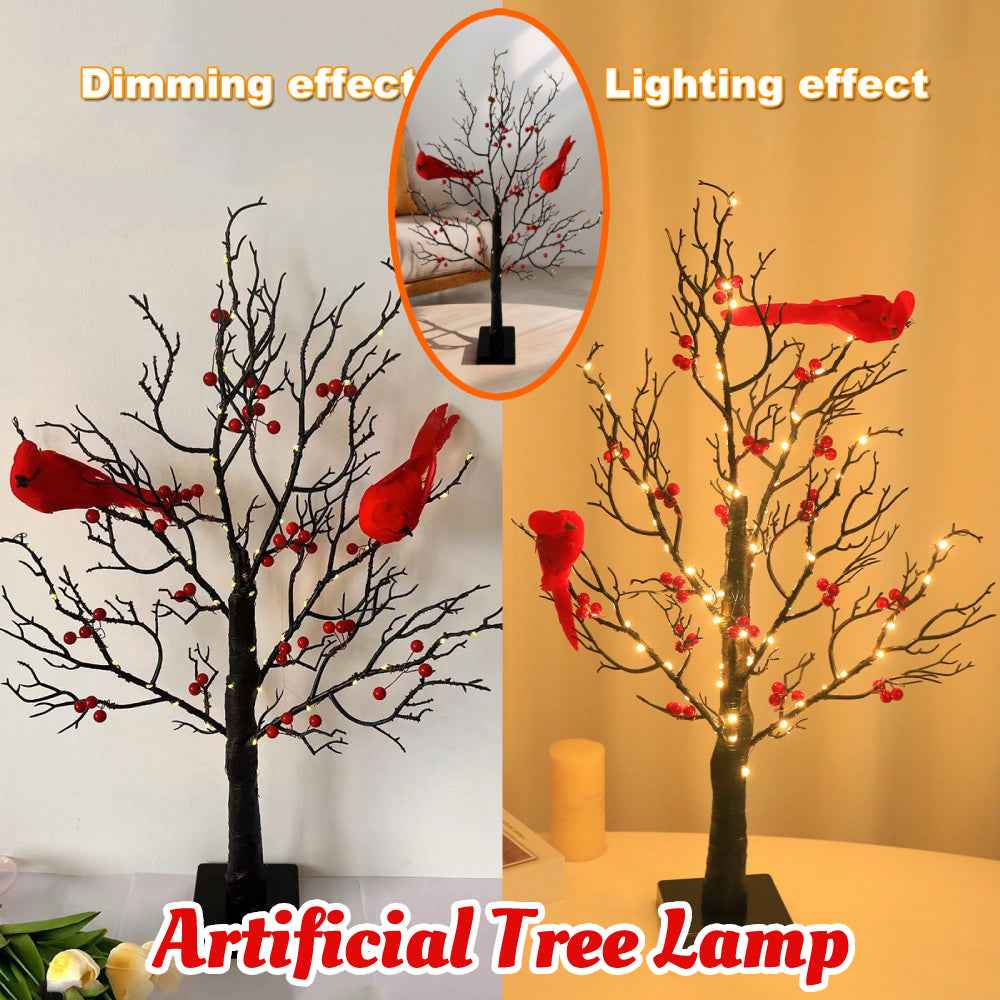 Lighted Mini Birch Tree Light LED Cardinals Christmas Tree Vintage Glowing Tree Light For Table Holiday Home Xmas Decoration