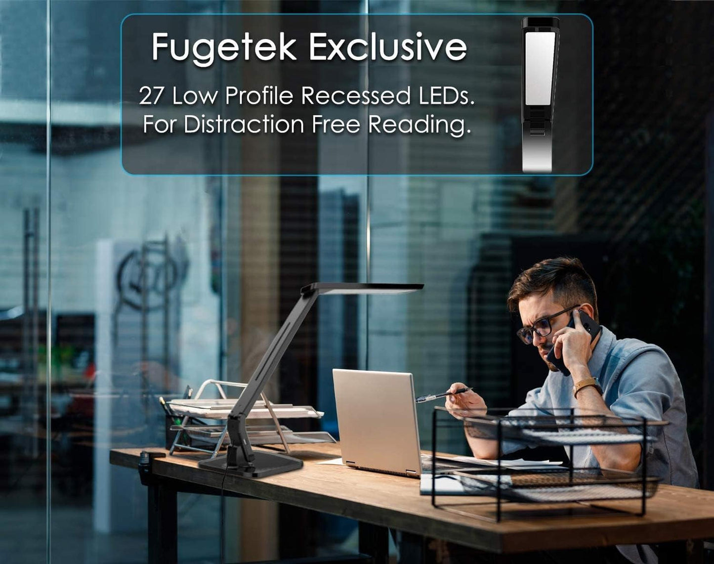 LED Desk Office Lamp, Exclusive: 27 Eye-Caring Recessed Leds, 5-Level Brightness, 4-Lighting Modes, USB Charging Port, 14W, Touch Control Panel, Dimmer, 1-Hour Auto Timer, 5V/1A, (Black) - Motionshop