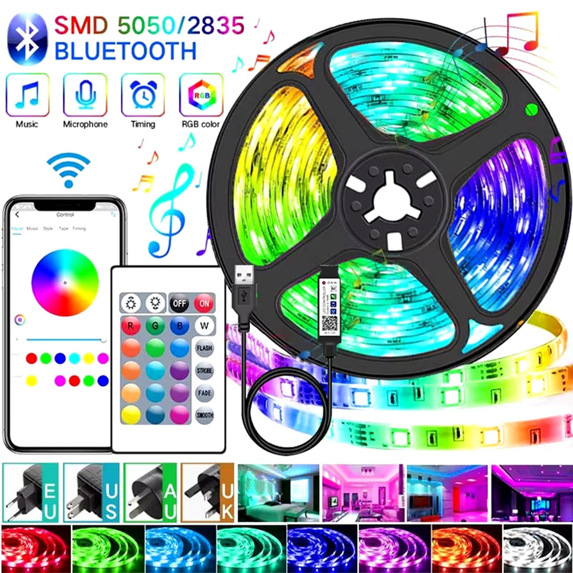 Bluetooth Wifi APP Controller LED Strip Lights RGB 5050 SMD Flexible Ribbon USB LED Light with Power Adapt Tape Diode - Motionshop