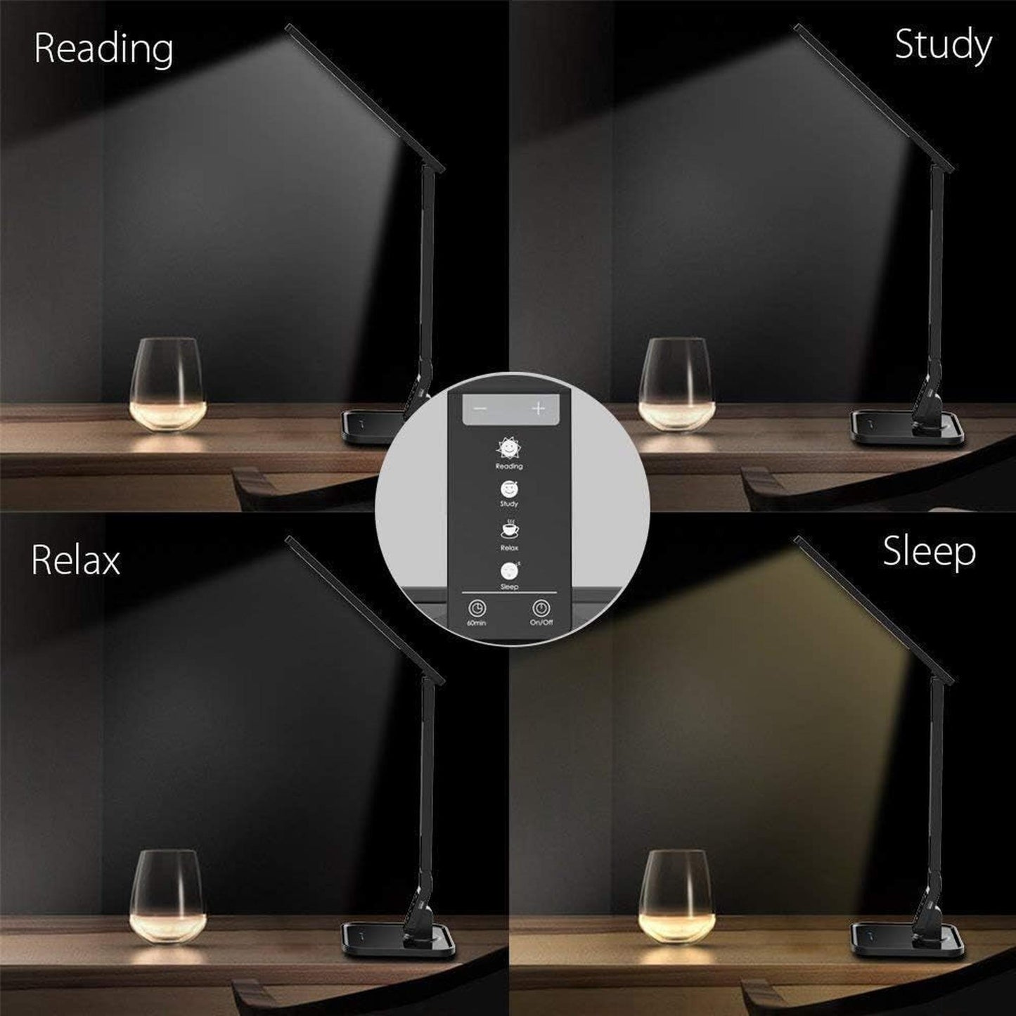 LED Desk Office Lamp, Exclusive: 27 Eye-Caring Recessed Leds, 5-Level Brightness, 4-Lighting Modes, USB Charging Port, 14W, Touch Control Panel, Dimmer, 1-Hour Auto Timer, 5V/1A, (Black) - Motionshop