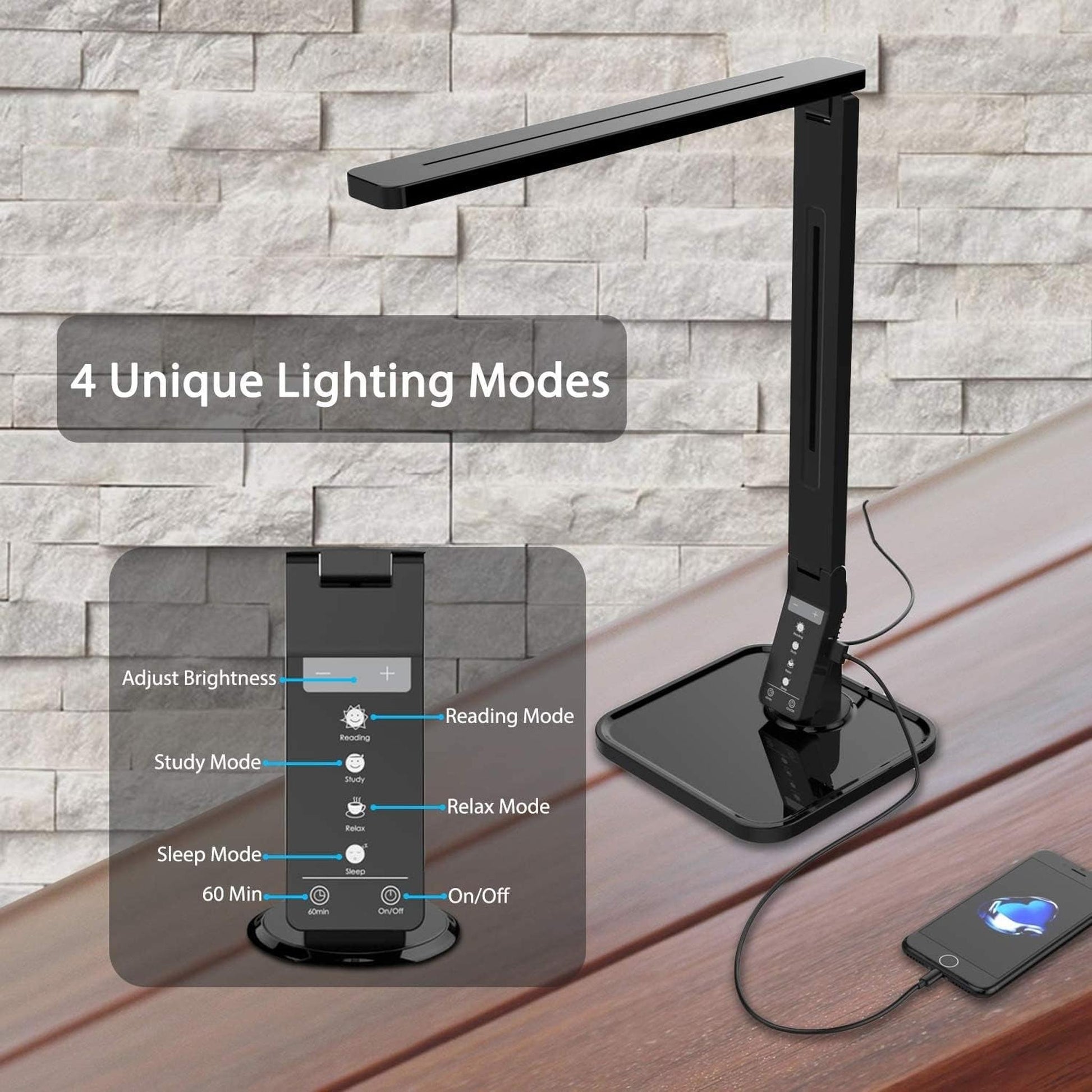 LED Desk Office Lamp, Exclusive: 27 Eye-Caring Recessed Leds, 5-Level Brightness, 4-Lighting Modes, USB Charging Port, 14W, Touch Control Panel, Dimmer, 1-Hour Auto Timer, 5V/1A, (Black) - Motionshop