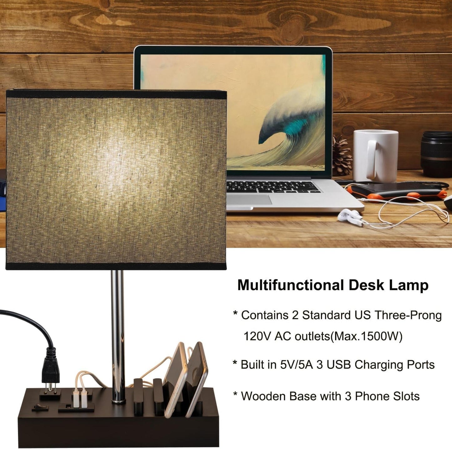 USB Table Lamp, Multi-Functional Bedside Desk Lamp with 2 AC Outlets, 3 USB Charging Ports and Wooden Phone Stand Organizer, Ideal Nightstand Lamp for Bedroom, Black Shade - Motionshop