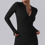 Autumn High Elastic Gym Sports Top Women Long Sleeve Cardigan Slim-fit Zipper