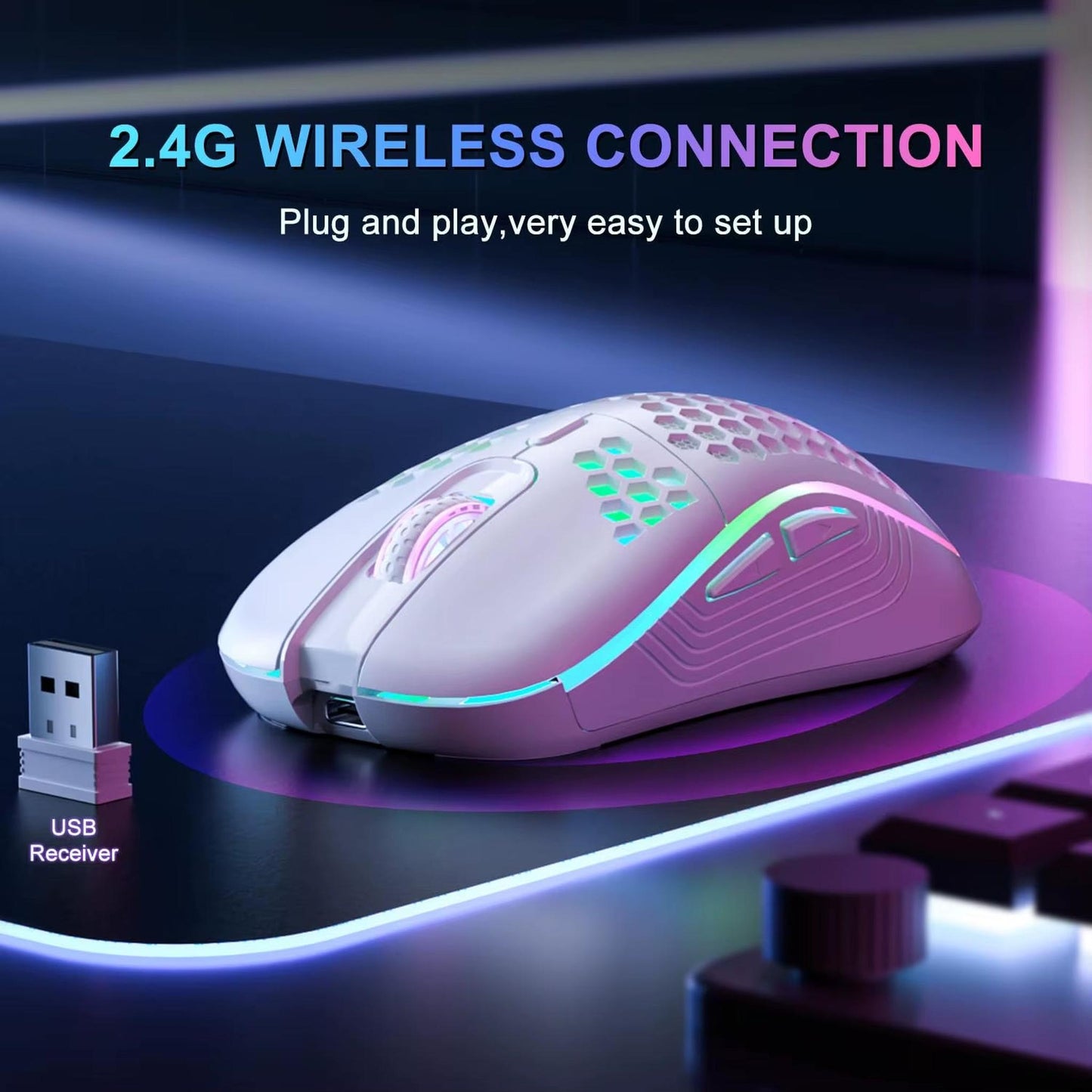 2.4G Wireless Mouse with RGB Backlit 6-Button 3-Speed DPI Type C Rechargeable Ergonomic Honeycomb Design Gaming Mouse - Motionshop