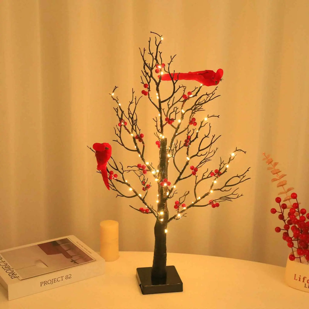 Lighted Mini Birch Tree Light LED Cardinals Christmas Tree Vintage Glowing Tree Light For Table Holiday Home Xmas Decoration