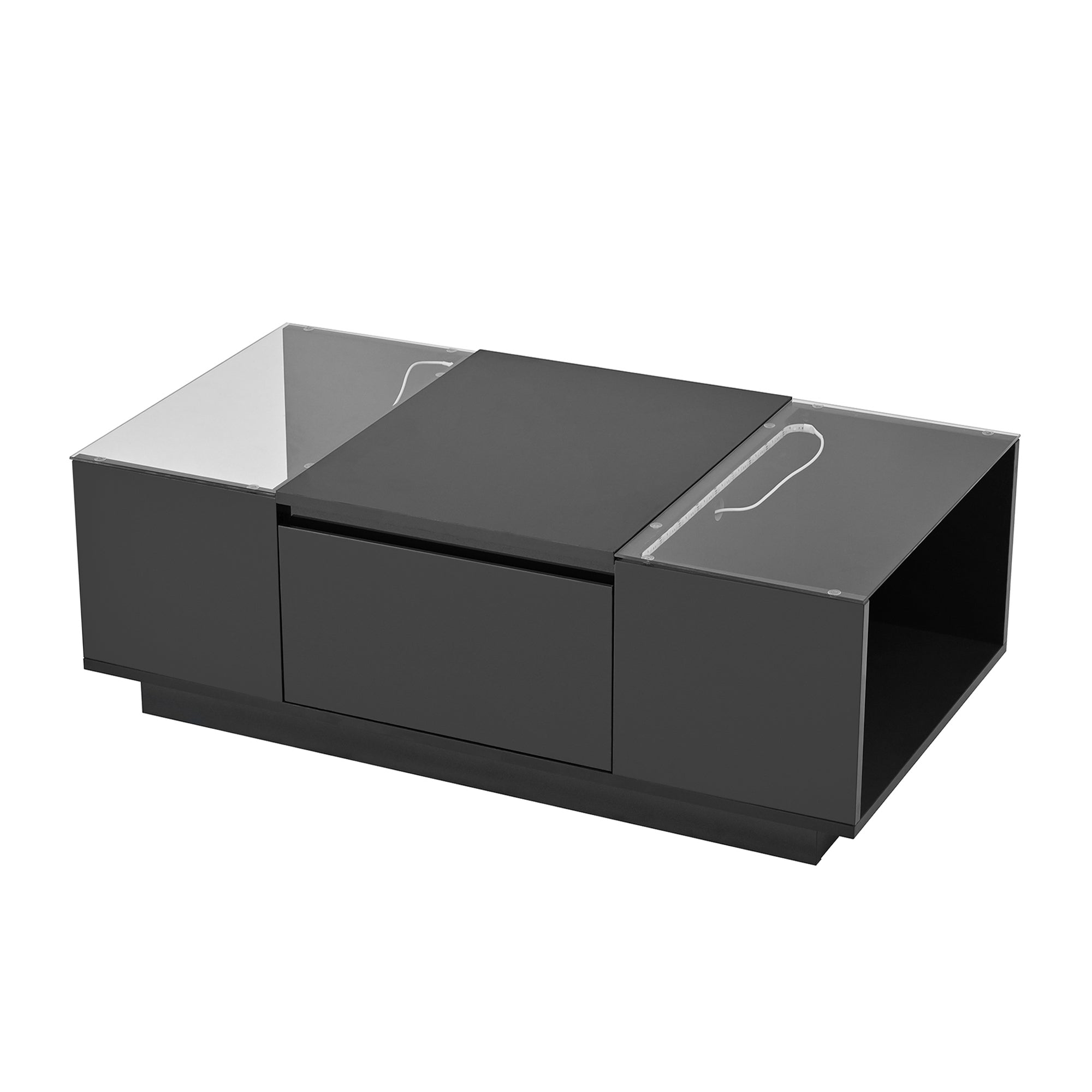 Table Basse LED 16 couleurs 2 tiroirs niches ouvertes structure robuste salon panneau particules noir