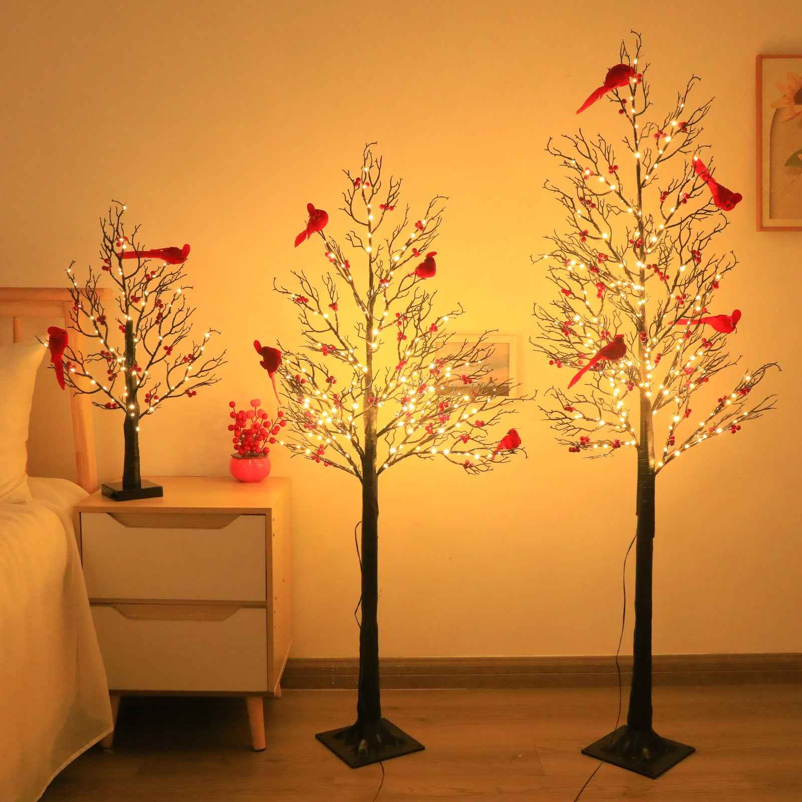 Lighted Mini Birch Tree Light LED Cardinals Christmas Tree Vintage Glowing Tree Light For Table Holiday Home Xmas Decoration