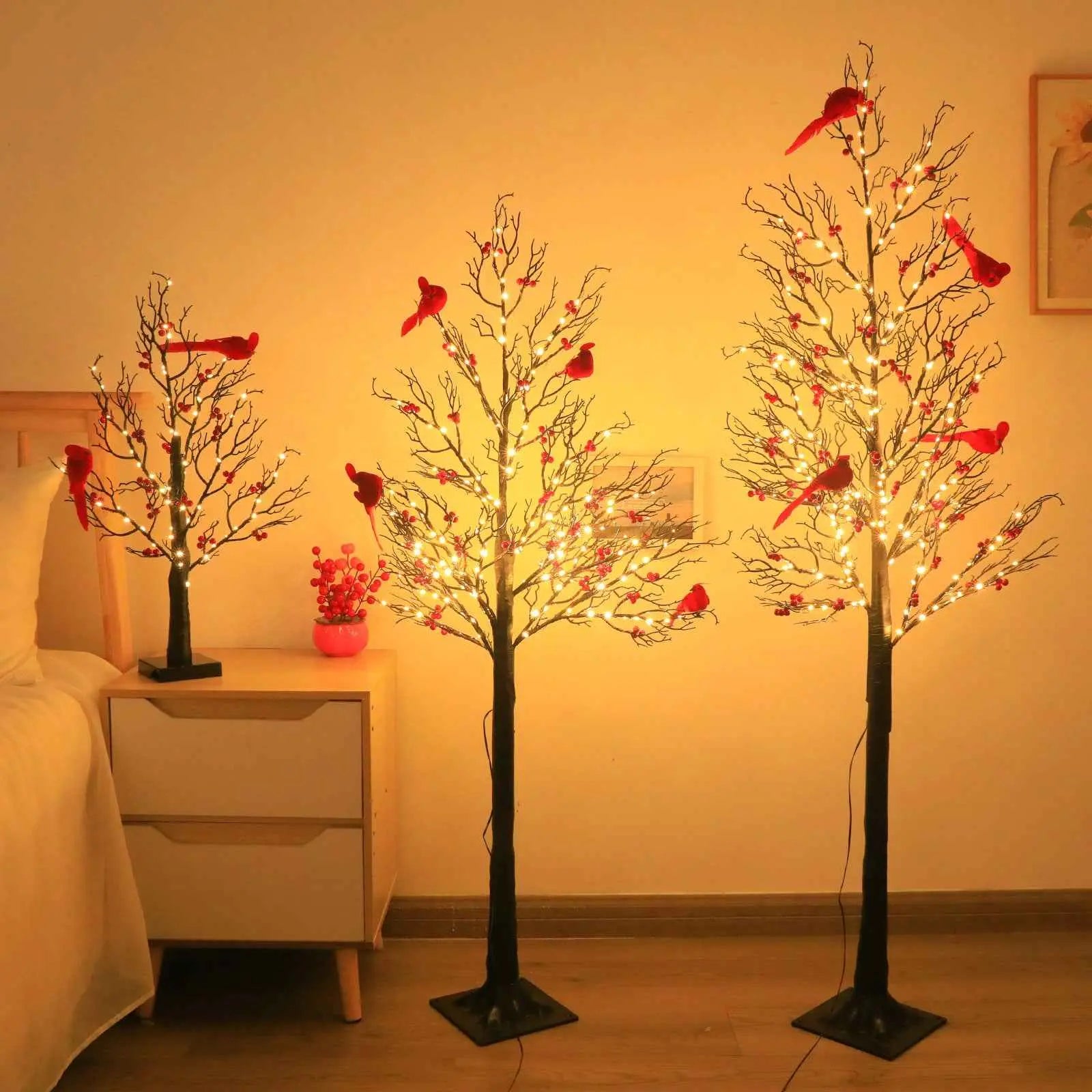 Lighted Mini Birch Tree Light LED Cardinals Christmas Tree Vintage Glowing Tree Light For Table Holiday Home Xmas Decoration
