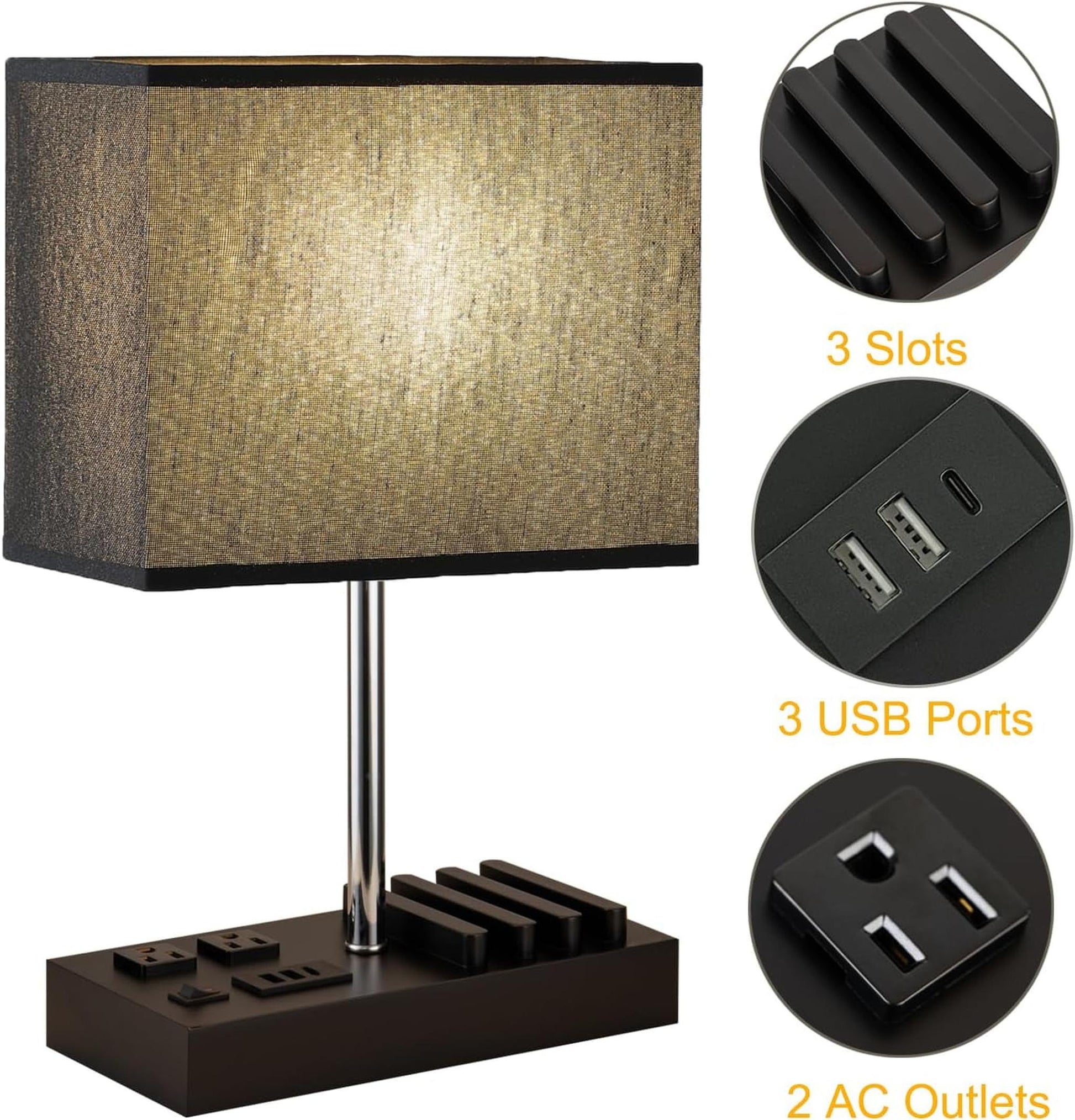 USB Table Lamp, Multi-Functional Bedside Desk Lamp with 2 AC Outlets, 3 USB Charging Ports and Wooden Phone Stand Organizer, Ideal Nightstand Lamp for Bedroom, Black Shade - Motionshop
