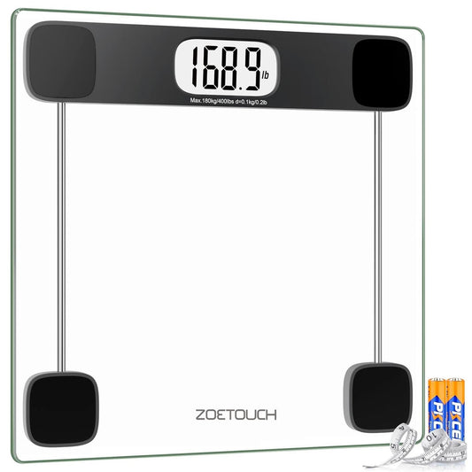 Scale for Body Weight Digital Bathroom Scale Accurate Weighing Machine for People, High Precision Bath Scale, Step On, Tempered Glass LCD Display Batteries and Tape Measure Included, 400Lbs - Motionshop