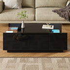 Table Basse LED 16 couleurs 2 tiroirs niches ouvertes structure robuste salon panneau particules noir