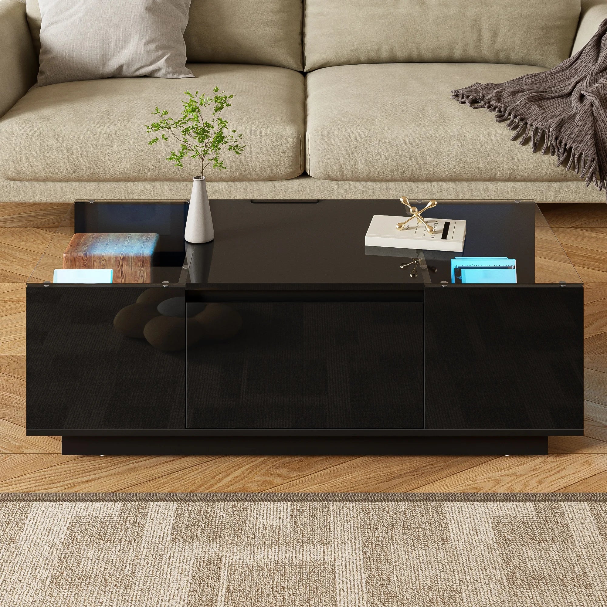 Table Basse LED 16 couleurs 2 tiroirs niches ouvertes structure robuste salon panneau particules noir
