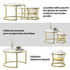 Round coffee table, two-piece set, marble top, metal frame, suitable for living room and bedroom, gold