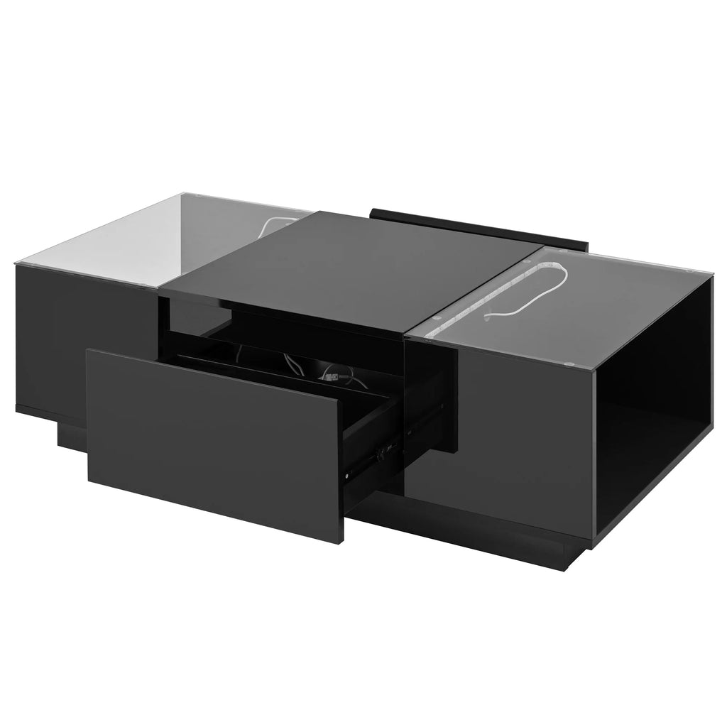 Table Basse LED 16 couleurs 2 tiroirs niches ouvertes structure robuste salon panneau particules noir