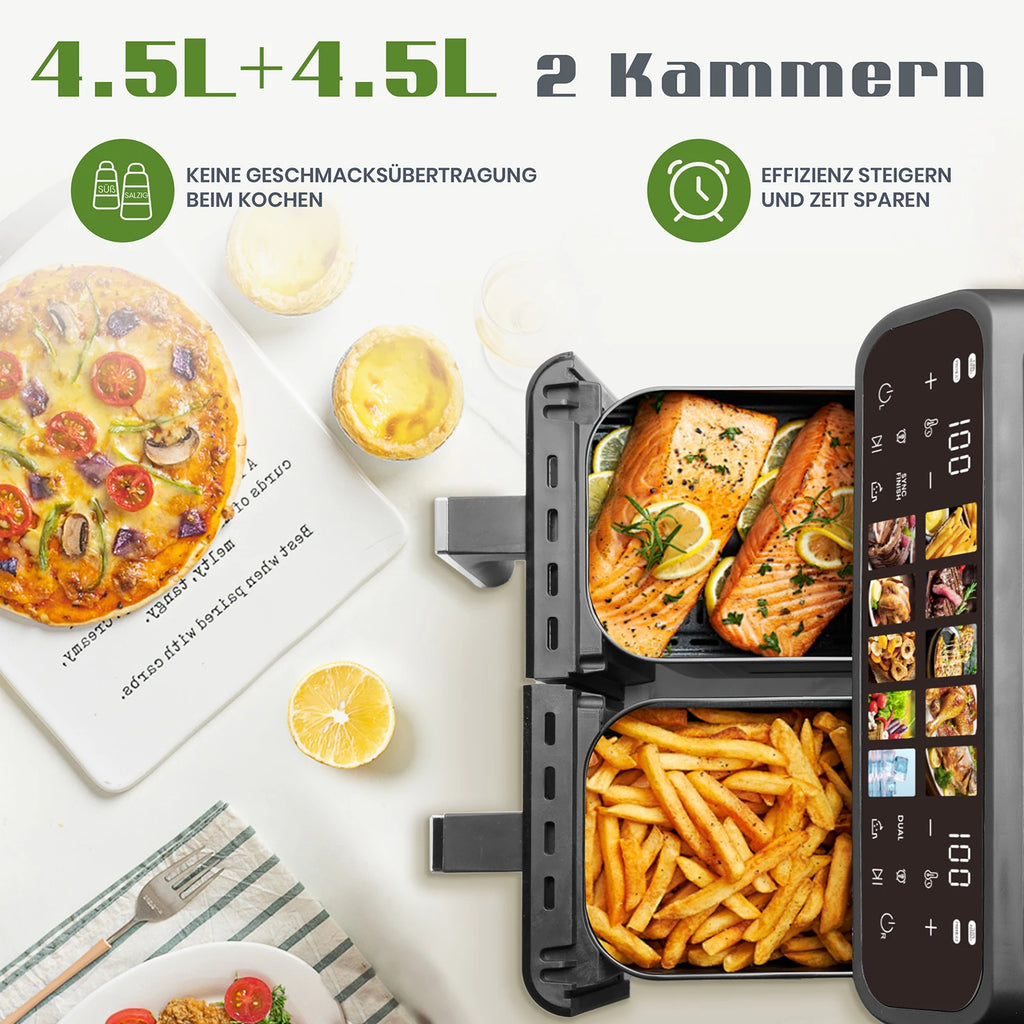 Air Fryers 9L Dual Basket Oven Oilless Cooker with LED Touch Control,Visible Window,10-In-1 Multifunction,Family Smart Air Fryer