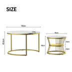 Round coffee table, two-piece set, marble top, metal frame, suitable for living room and bedroom, gold