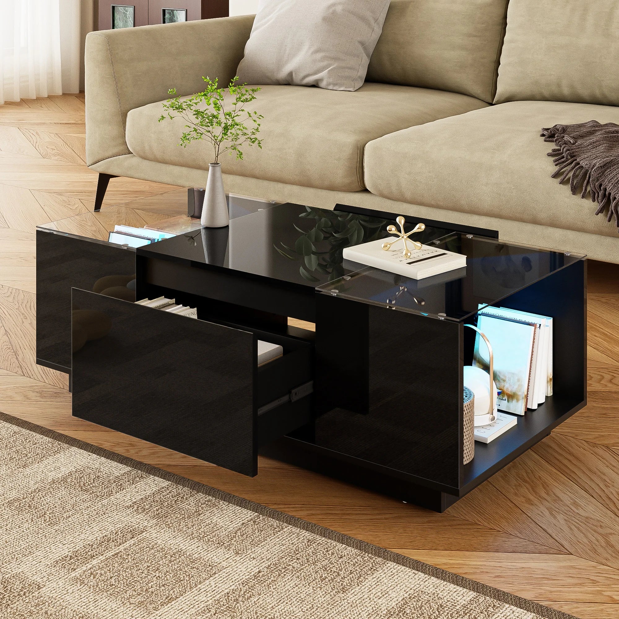 Table Basse LED 16 couleurs 2 tiroirs niches ouvertes structure robuste salon panneau particules noir