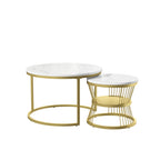 Round coffee table, two-piece set, marble top, metal frame, suitable for living room and bedroom, gold