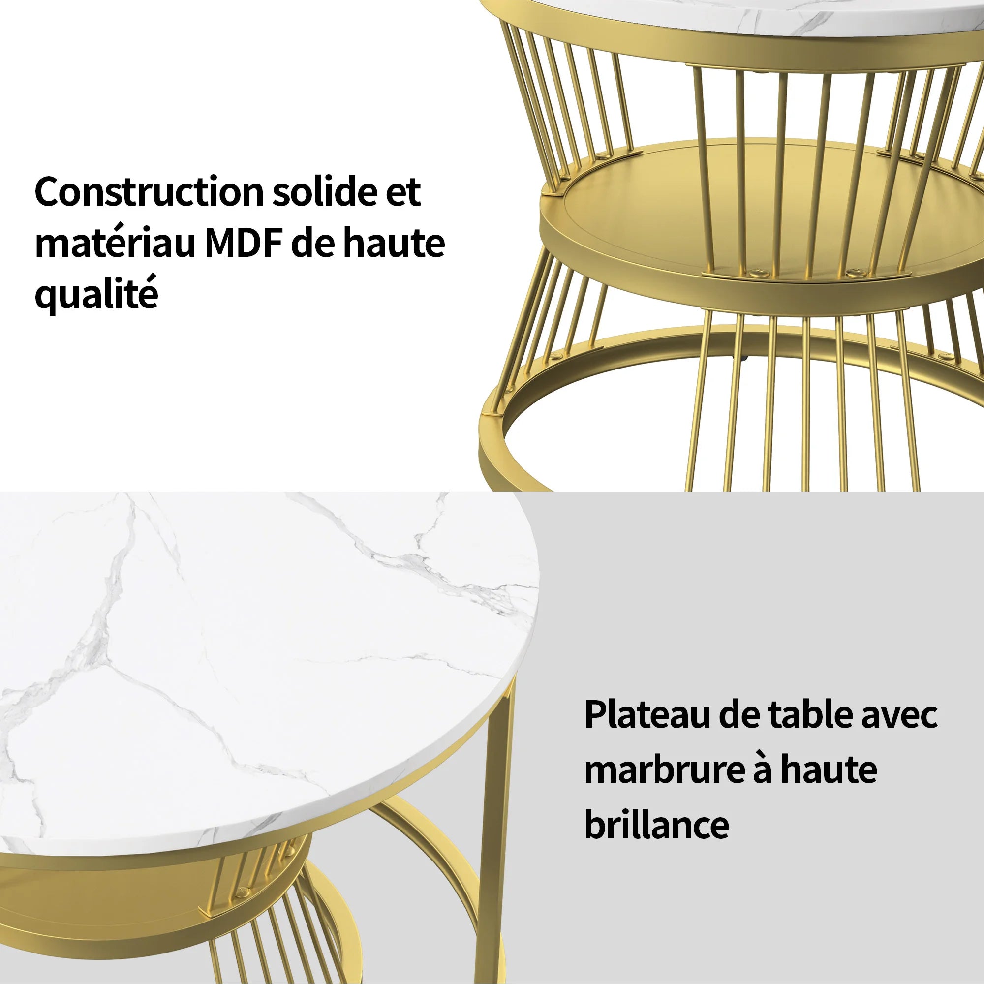 Round coffee table, two-piece set, marble top, metal frame, suitable for living room and bedroom, gold
