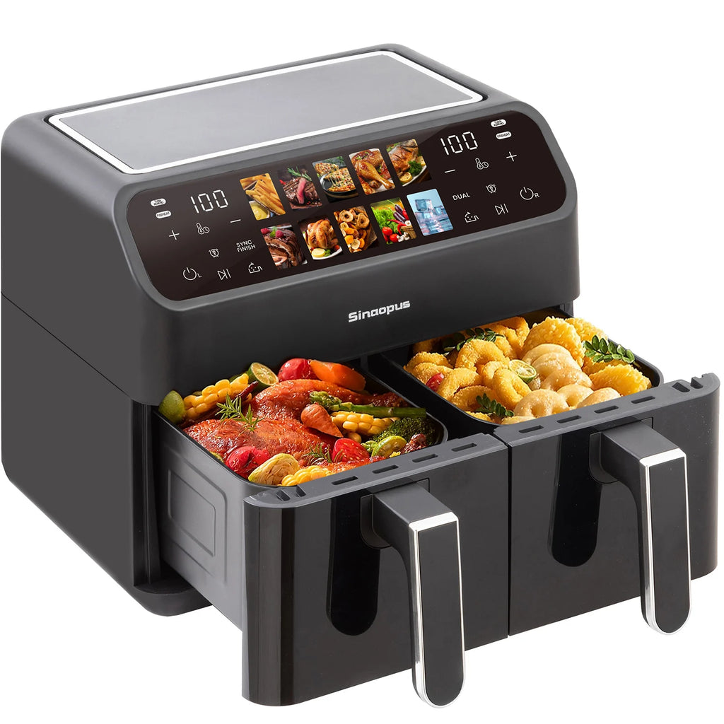 Air Fryers 9L Dual Basket Oven Oilless Cooker with LED Touch Control,Visible Window,10-In-1 Multifunction,Family Smart Air Fryer