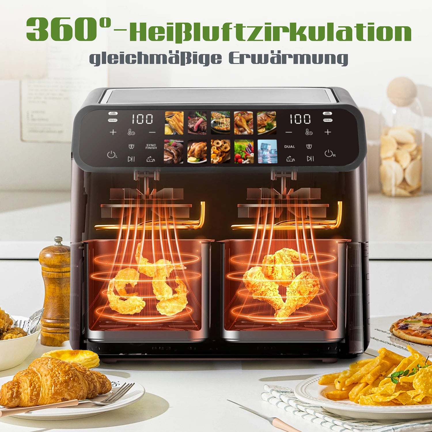 Air Fryers 9L Dual Basket Oven Oilless Cooker with LED Touch Control,Visible Window,10-In-1 Multifunction,Family Smart Air Fryer