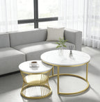 Round coffee table, two-piece set, marble top, metal frame, suitable for living room and bedroom, gold