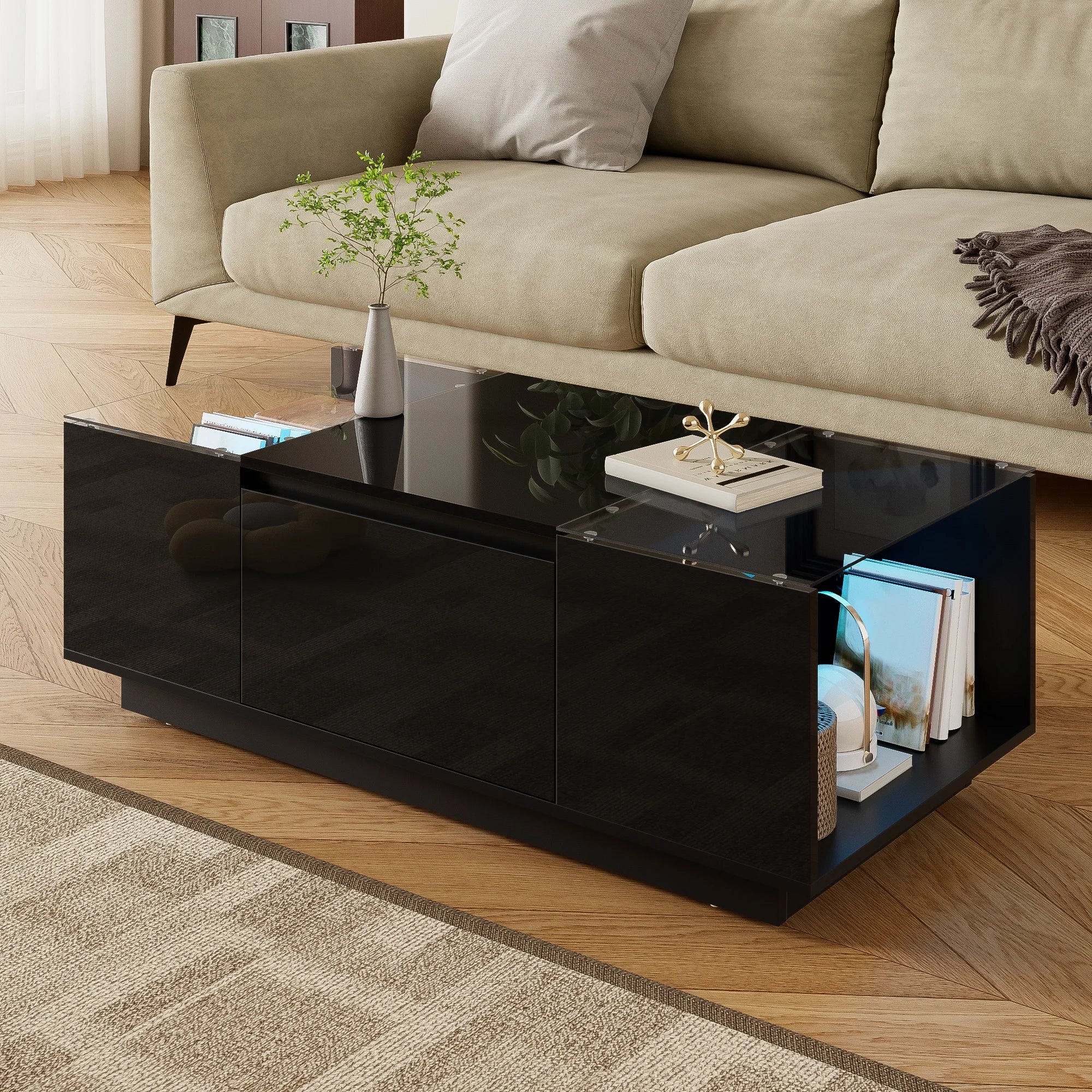 Table Basse LED 16 couleurs 2 tiroirs niches ouvertes structure robuste salon panneau particules noir