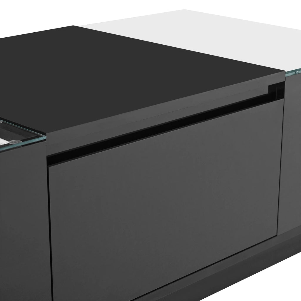 Table Basse LED 16 couleurs 2 tiroirs niches ouvertes structure robuste salon panneau particules noir