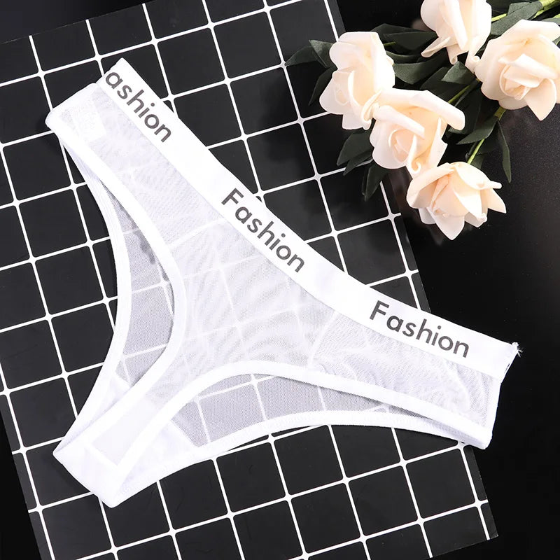 Women Underwear Sexy Mesh Transparent Panties Thongs String Lingerie Printed Letters Fashion Low-Rise Ladies Briefs - Motionshop