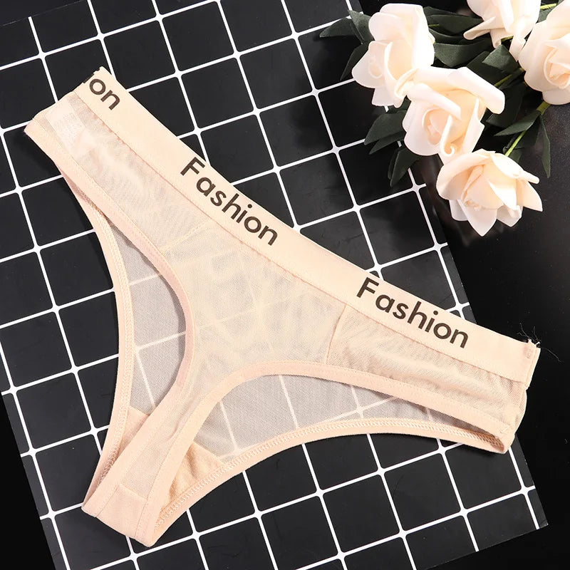 Women Underwear Sexy Mesh Transparent Panties Thongs String Lingerie Printed Letters Fashion Low-Rise Ladies Briefs - Motionshop