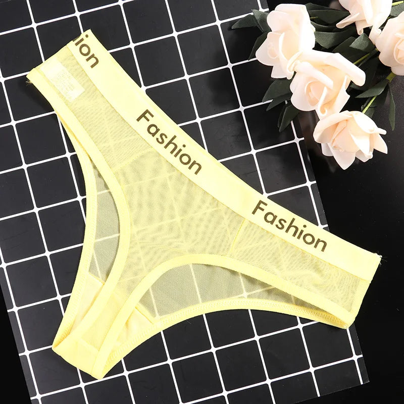 Women Underwear Sexy Mesh Transparent Panties Thongs String Lingerie Printed Letters Fashion Low-Rise Ladies Briefs - Motionshop