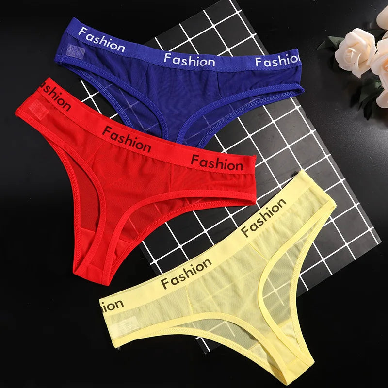 Women Underwear Sexy Mesh Transparent Panties Thongs String Lingerie Printed Letters Fashion Low-Rise Ladies Briefs - Motionshop