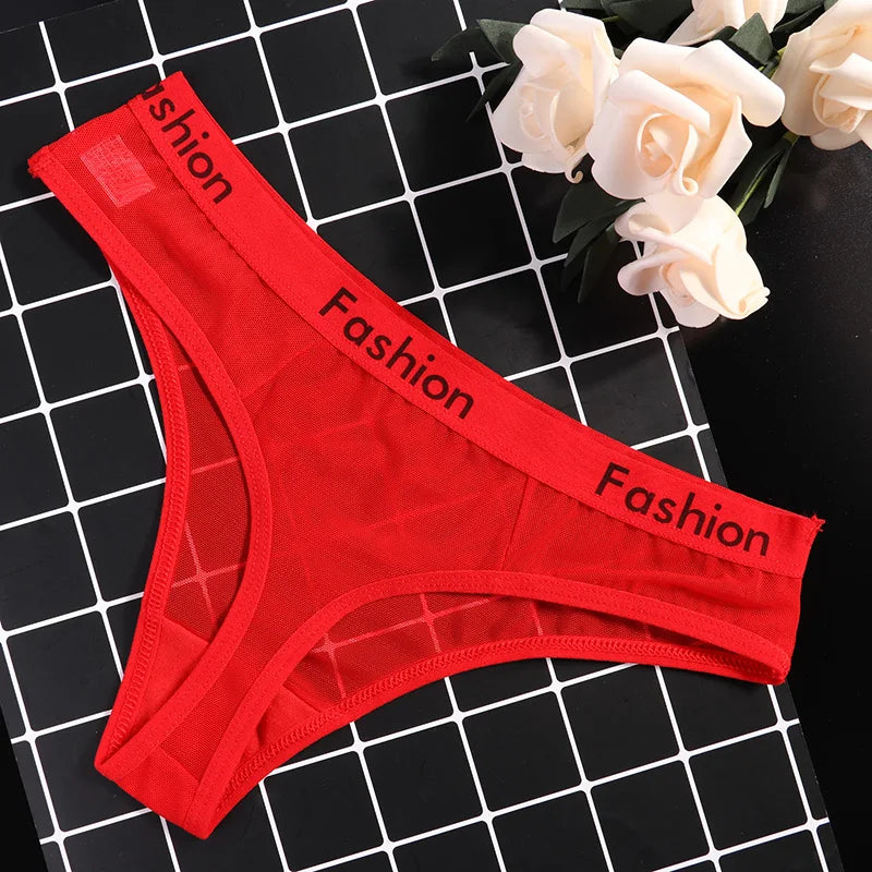 Women Underwear Sexy Mesh Transparent Panties Thongs String Lingerie Printed Letters Fashion Low-Rise Ladies Briefs - Motionshop