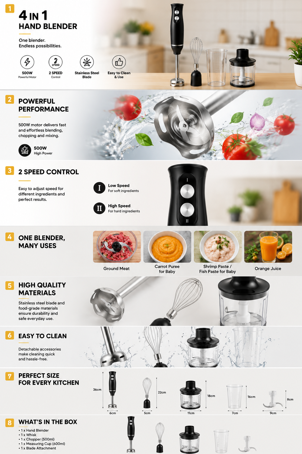 3 in 1 Hand Blender 400W 2 Speed with Whisk 0.50L Chopper 0.65L Measuring Cup Detachable Shaft