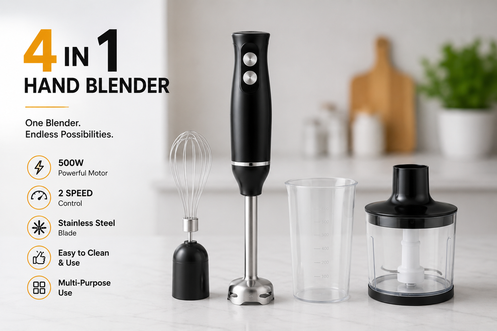 3 in 1 Hand Blender 400W 2 Speed with Whisk 0.50L Chopper 0.65L Measuring Cup Detachable Shaft