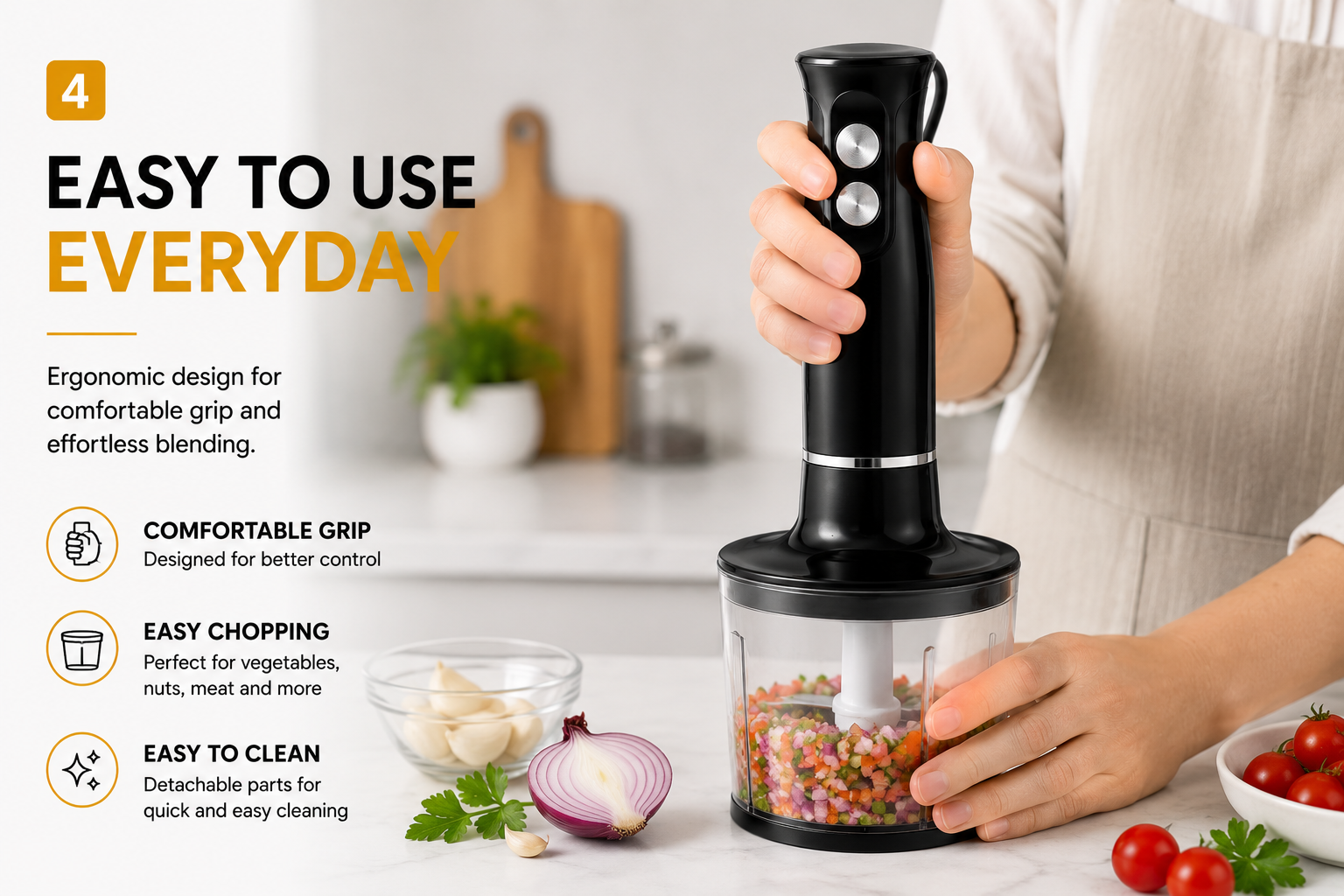 3 in 1 Hand Blender 400W 2 Speed with Whisk 0.50L Chopper 0.65L Measuring Cup Detachable Shaft