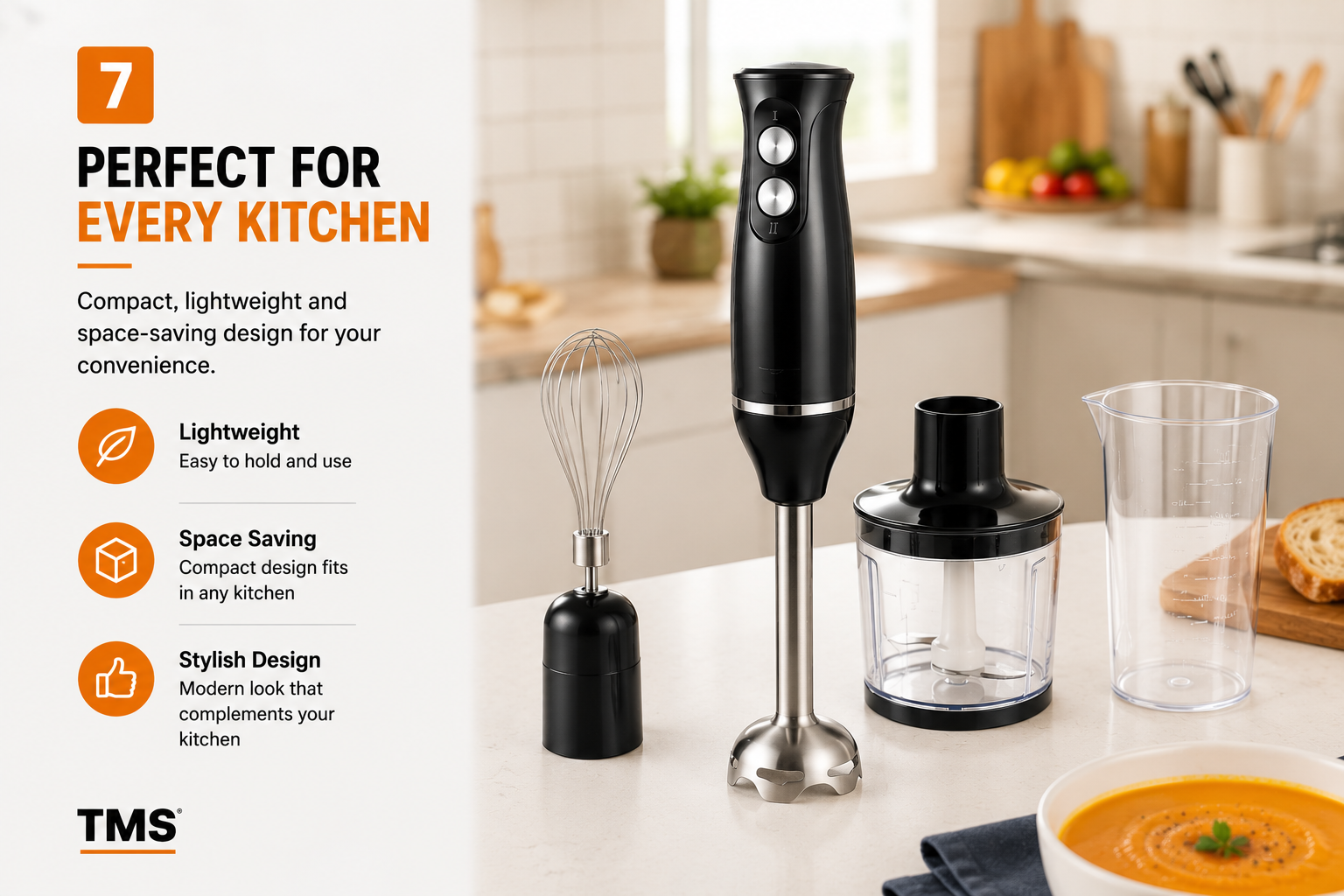 3 in 1 Hand Blender 400W 2 Speed with Whisk 0.50L Chopper 0.65L Measuring Cup Detachable Shaft