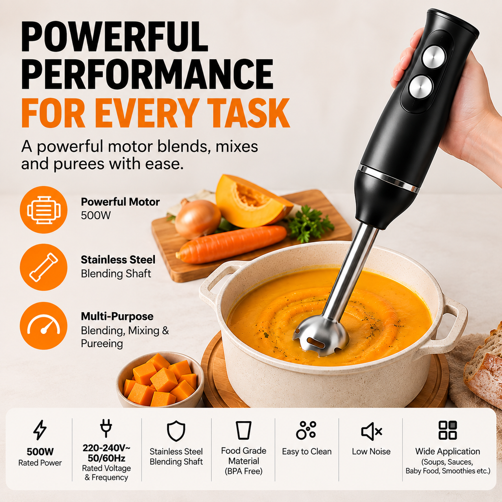 3 in 1 Hand Blender 400W 2 Speed with Whisk 0.50L Chopper 0.65L Measuring Cup Detachable Shaft