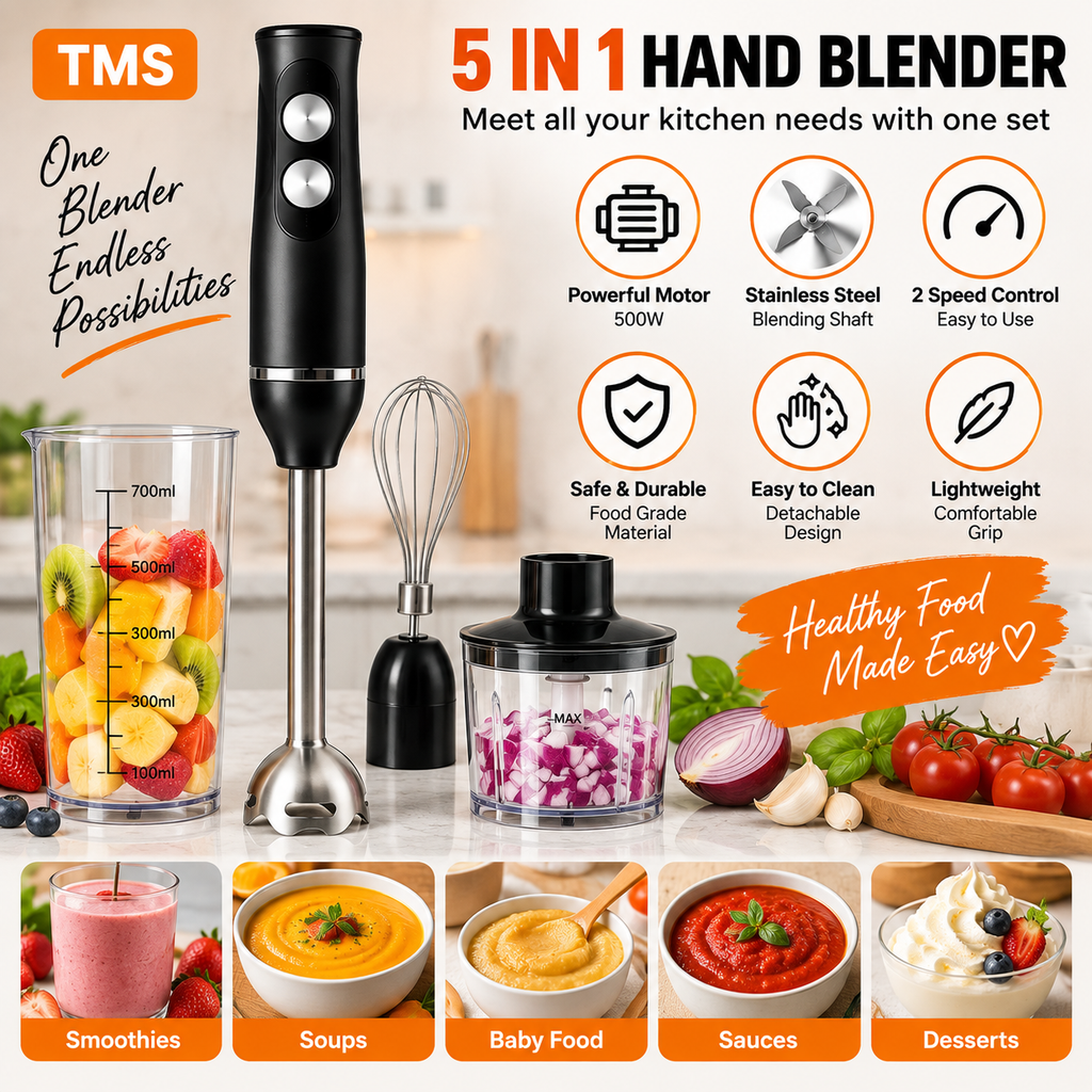 3 in 1 Hand Blender 400W 2 Speed with Whisk 0.50L Chopper 0.65L Measuring Cup Detachable Shaft